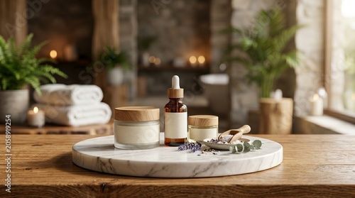 Elegant skincare products on a marble tray in a serene spa setting with candles, towels, and lush greenery.
