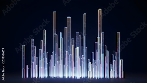 Vibrant cityscape with glowing neon bars on dark background