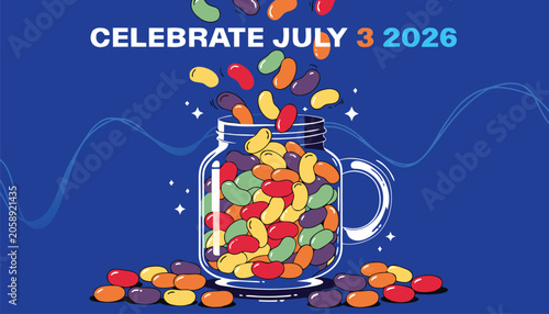 Photos Colorful jelly beans falling into a clear glass mason jar container