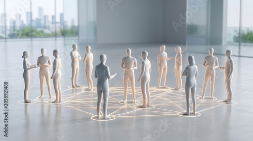 simplified human figures connected by thin lines forming a network