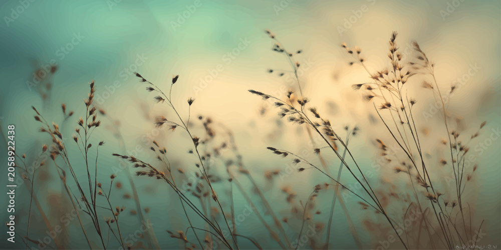Obraz premium Sunset and sunrise over a grassy meadow with reeds and a lake