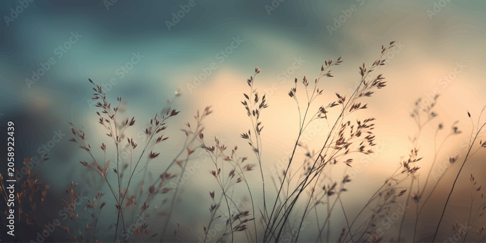 Obraz premium Reeds and grass at sunrise and sunset over a calm lake landscape with warm light, clouds, and natural fields in summer and dawn glow