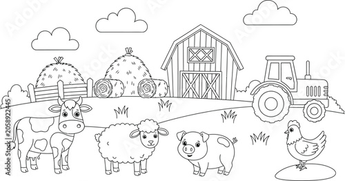 Quadro su tela Farm animals and barnyard scene outline for coloring pages