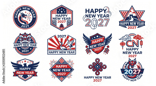 Valokuva Asian inspired happy new year 2027 vector emblem collection featuring dragon mot