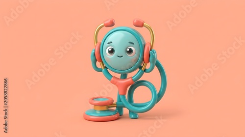 3D render of a cute stethoscope character illustrating friendly healthcare and well-being isolated on peach background.