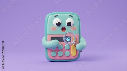 3D render of a cute calculator character with magnifying glass discovering the ultimate answer 42, isolated on purple background.