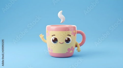 3D render of a cute coffee mug character offering warmth and a friendly greeting isolated on blue background.