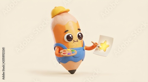 3D render of a cute pencil character painting a glowing star, embodying creativity, inspiration, and achieving excellence, isolated on a cream background.