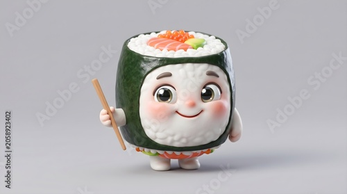 3D render of a cute sushi character mascot holding chopsticks, illustrating delicious Japanese food and joyful dining, isolated on a light gray background.