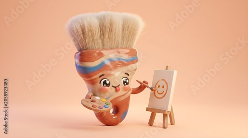 3D render of a cute paintbrush character illustrating creativity and happiness isolated on a peach background.