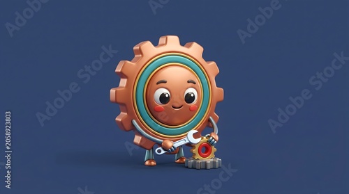 3D render of a cute gear mascot character illustrating technical support, problem-solving, and system optimization isolated on a blue background.
