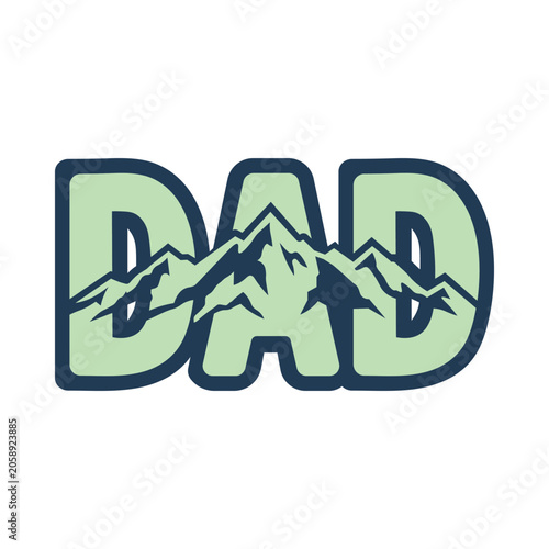 DAD text with mountain landscape illustration inside letters mint green and dark blue colors on white background perfect for Father's Day gifts