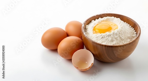 Fresh raw eggs next to wooden bowl of flour on white background minimalist composition