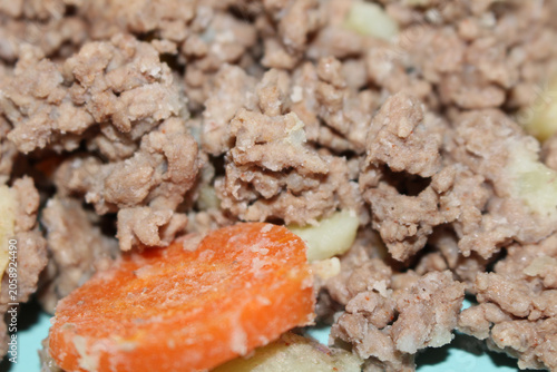 Minced beef with diced carrots and potatoes. Close up of savory ground meat with vegetables. Meat with selective focus. Details of ground beef with carrot and potato.