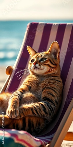 A sleek undomesticated cat lounges in a beach chair, soaking up the sun, leisure, deck chair