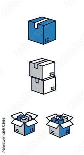 Boxes in Various States - Closed, Stacked, and Open, Showing Contents.