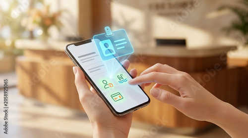Hand holding a smartphone displaying digital hotel check-in identity verification app with virtual guest interface