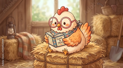 A cartoon chicken wearing glasses reads a book on a hay bale in a barn