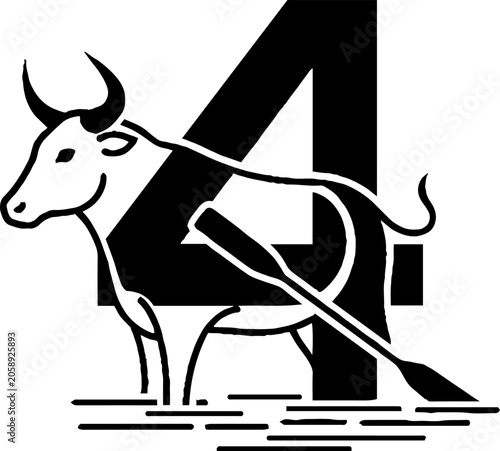 Black and white illustration of a cow rowing a boat.