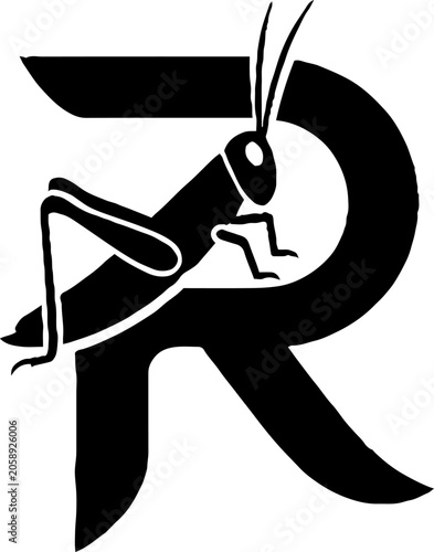 Black and white grasshopper letter R design.