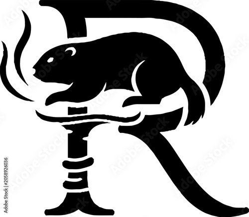 Black and white illustration of a beaver on letter R.