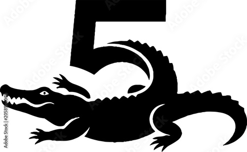 Black silhouette of crocodile with number five design.
