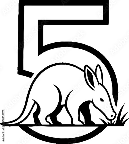 Aardvark illustration inside number five design.
