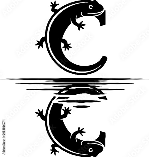 Black lizard forming letter C with reflection.