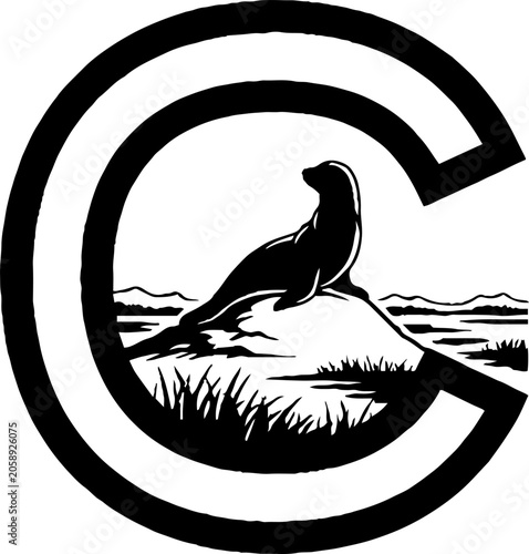 Elegant bird perched on letter C design.