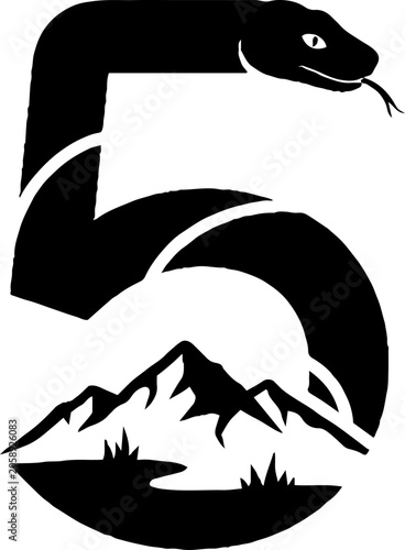 Black Snake Wrapped Around Number Five and Mountains.