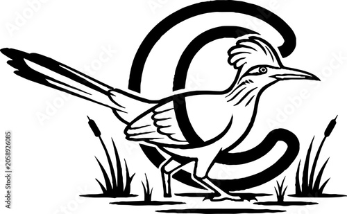 Roadrunner bird illustration with large letter C design.