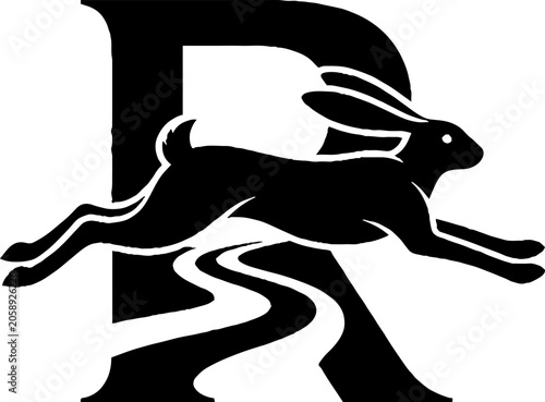Black and white rabbit logo with flowing river design.