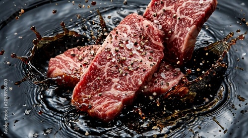 Raw marbled beef steaks with splashing dark sauce and peppercorns on a dark plate