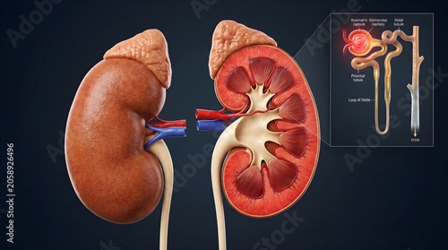 3D medical illustration of human kidneys with cross-section and nephron diagram