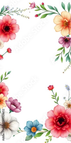 Whimsical floral frame with botanical wreath borders and divider made from hand-drawn illustrations on a white isolated background, illustration, hand-drawn style