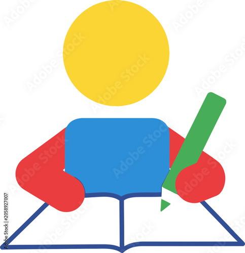 Fotografija Simple Cartoon Figure Writing in Open Book with Pencil