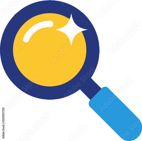 Foto Magnifying glass icon with sparkling lens on blue background, search and discove