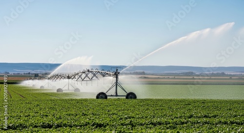 Agricultural irrigation system watering a vast green field under a clear sky.