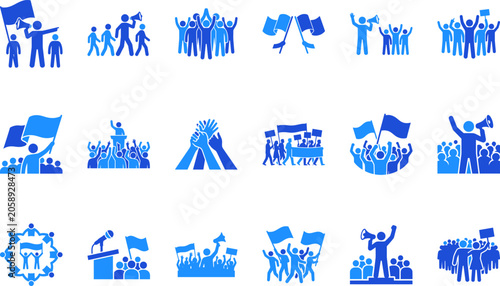 Tablou pe pânză Set of protest and demonstration icons showing people with flags megaphones and signs protesting unity