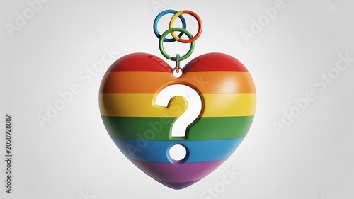 Rainbow heart with question mark and interlocking rings symbolizing identity diversity love inclusivity and community unity