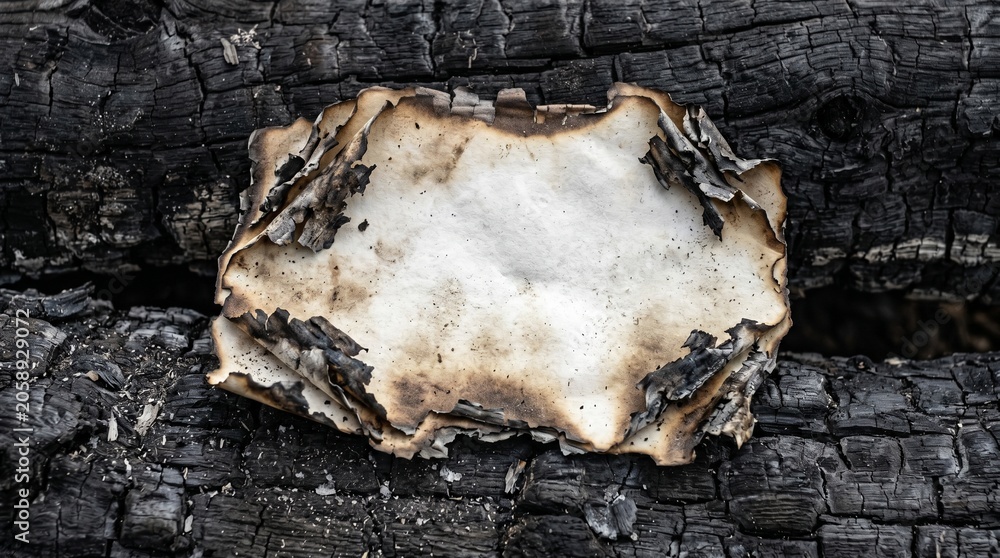 Fototapeta premium Burnt Old Blank Paper Resting On Dark Charred Wood 8k 