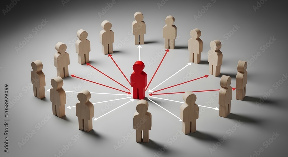 Obraz premium Organizational network concept, red wooden human and wooden figures connected with lines