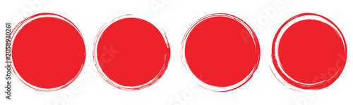  Set of Circle round stamps in grunge style. Round red circle brush stroke. Red round brush painted circle stock. Vector illustration.