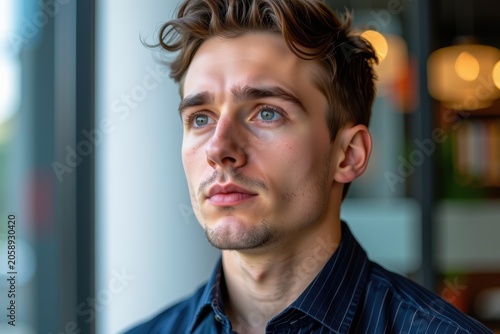 Young man gazes thoughtfully, eyes reflecting quiet contemplation