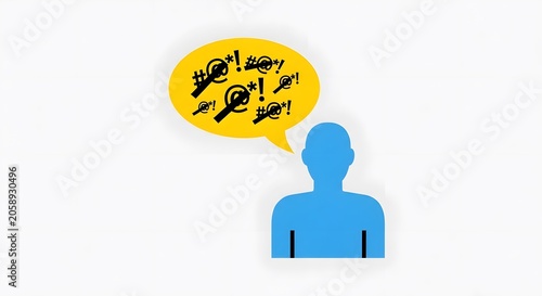 Negative communication concept, simple blue human figure icon with a yellow speech bubble containing censored
