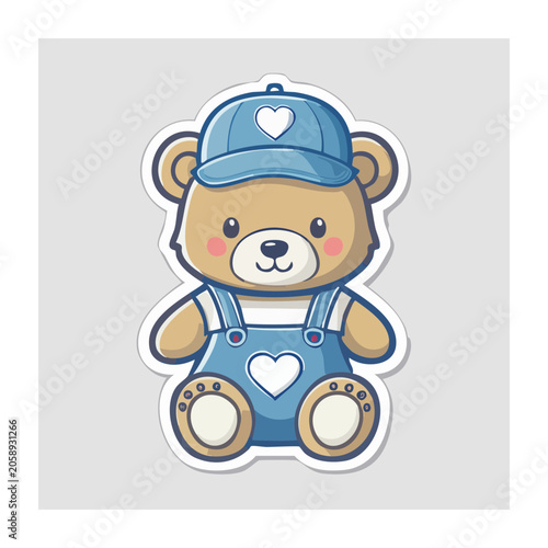 Cute cartoon teddy bear in blue overalls and cap