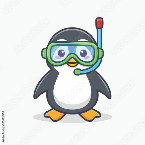 Cute cartoon penguin wearing snorkeling mask and snorkel