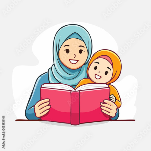 Mother and child in hijabs reading a book together
