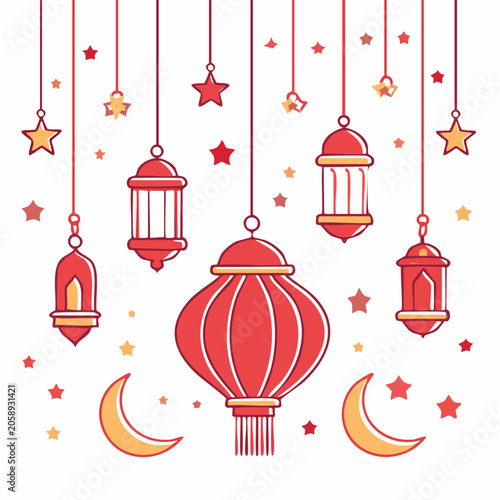 Ramadan Lanterns and Crescent Moons with Stars