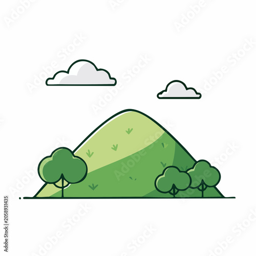 Stylized Green Hill with Trees and Clouds